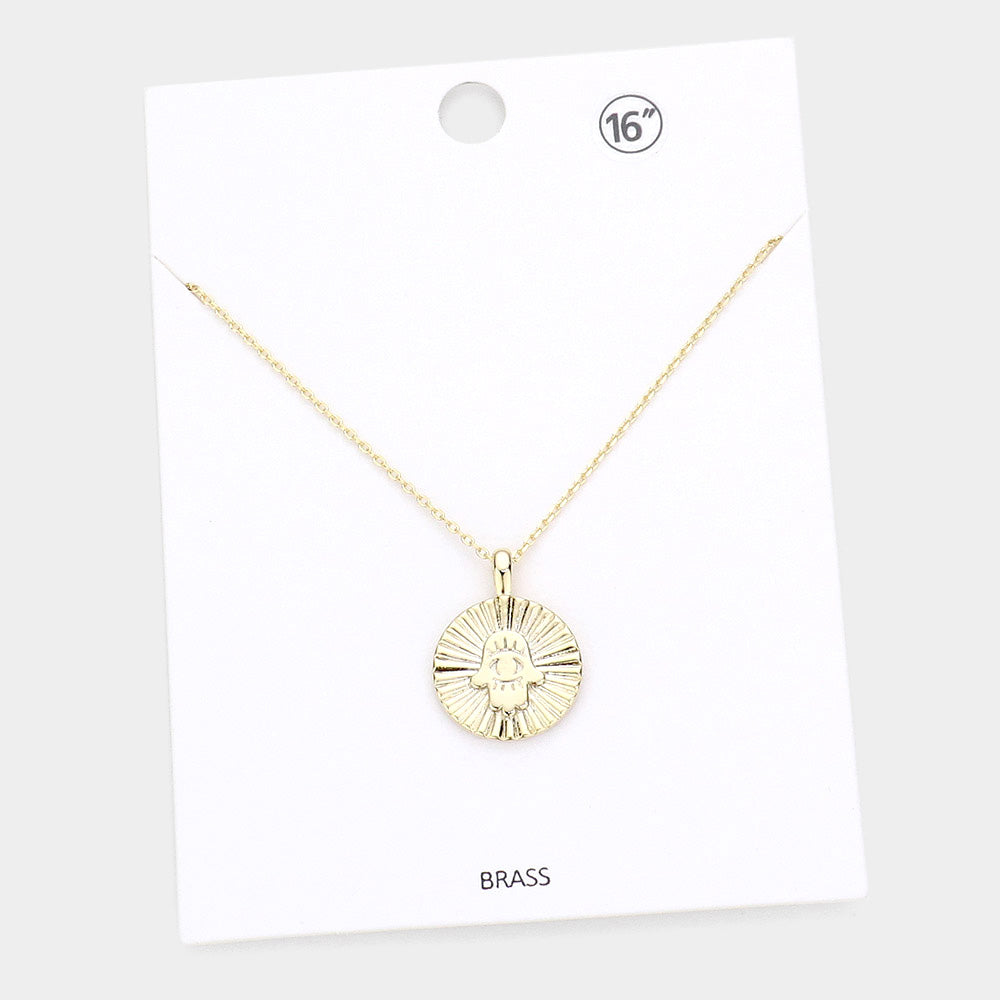 Madeline Love Gold Hamsa Hand Evil Eye Accented Textured Brass Metal Round Pendant Necklace - Necklaces