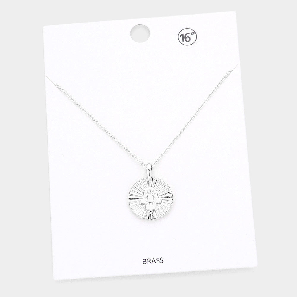 Madeline Love Rhodium Hamsa Hand Evil Eye Accented Textured Brass Metal Round Pendant Necklace - Necklaces