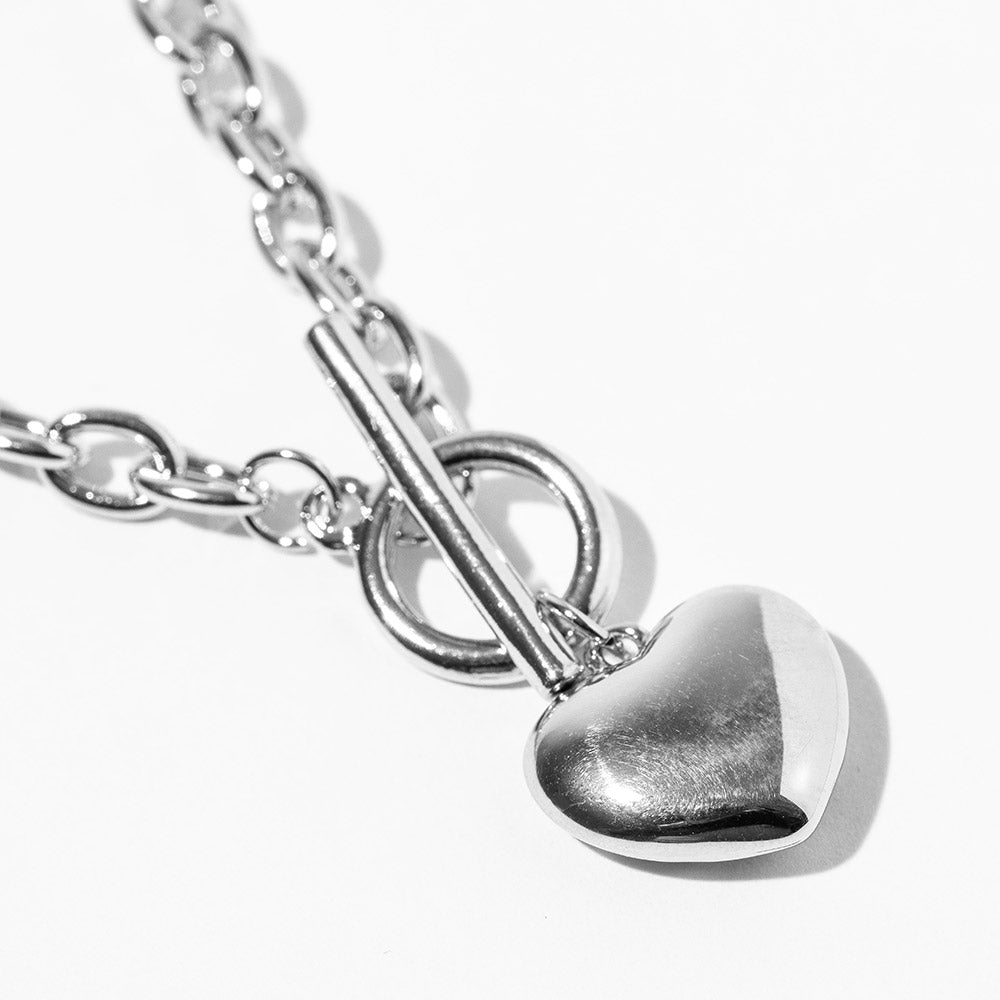 Madeline Love Rhodium White Gold Dipped Chunky Chain Puffy Heart Toggle Pendant Necklace - Necklaces
