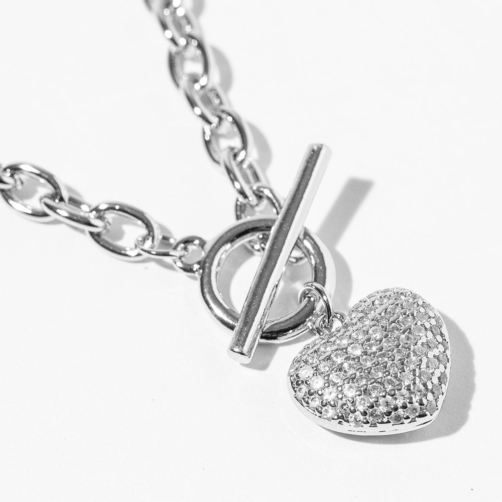 Madeline Love Clear, Rhodium White Gold Dipped Chunky Chain CZ Stone Paved Puff Heart Toggle Pendant Necklace - Jewelry