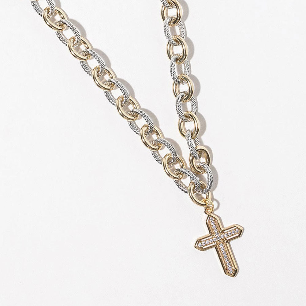 Madeline Love Two Tone Gold Dipped CZ Pave Cross Charm Accent Two Tone Link Chain Necklace