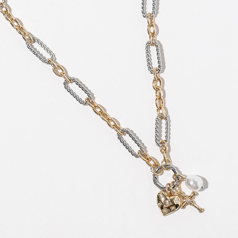 Madeline Love Two Tone Gold Dipped CZ Pave Heart Cross Pearl Charm Accent Two Tone Textured Link Chain Necklace