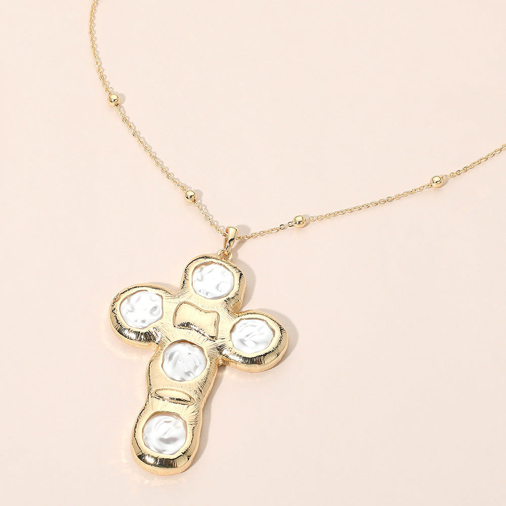 Madeline Love Cream, Gold Pearl Cross Statement Pendant Beaded Chain Necklace