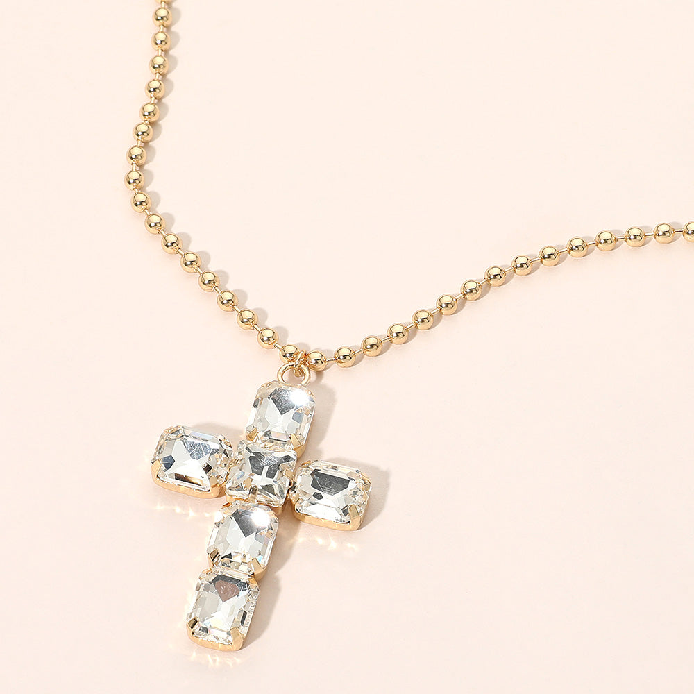 Madeline Love Clear, Gold Rectangular Gem Cross Pendant Beaded Chain Necklace