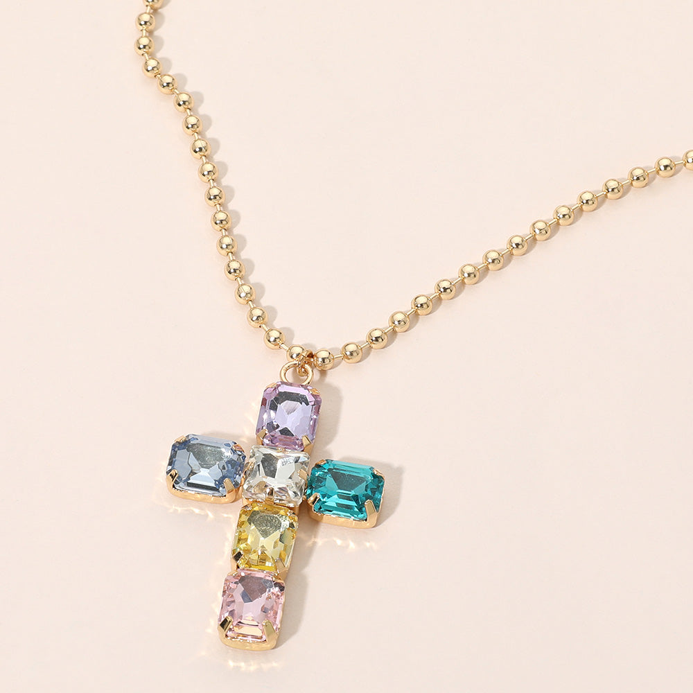 Madeline Love Light, Multi Rectangular Gem Cross Pendant Beaded Chain Necklace