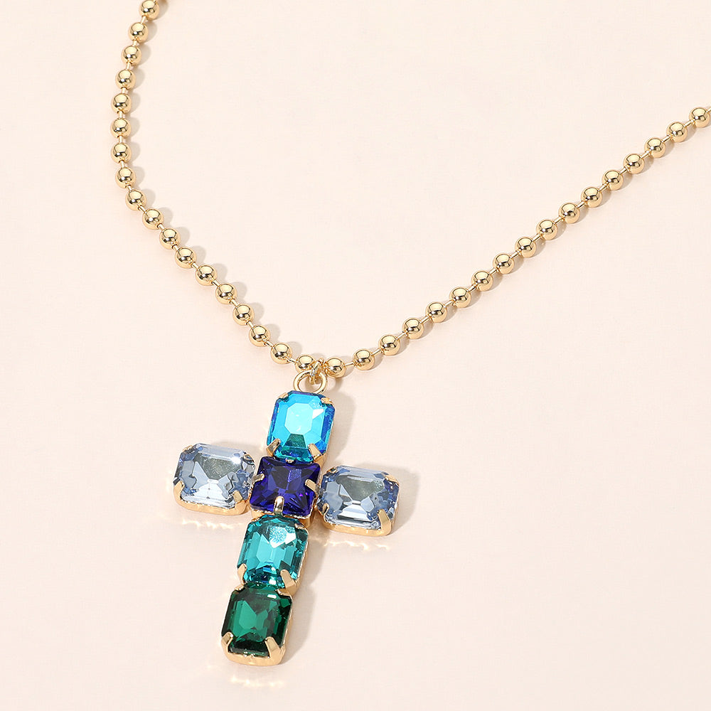 Madeline Love Green, Multi Rectangular Gem Cross Pendant Beaded Chain Necklace