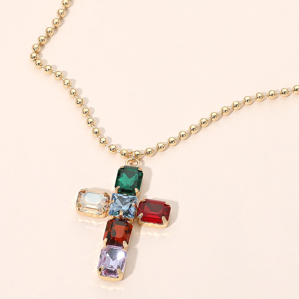 Madeline Love Multi Rectangular Gem Cross Pendant Beaded Chain Necklace
