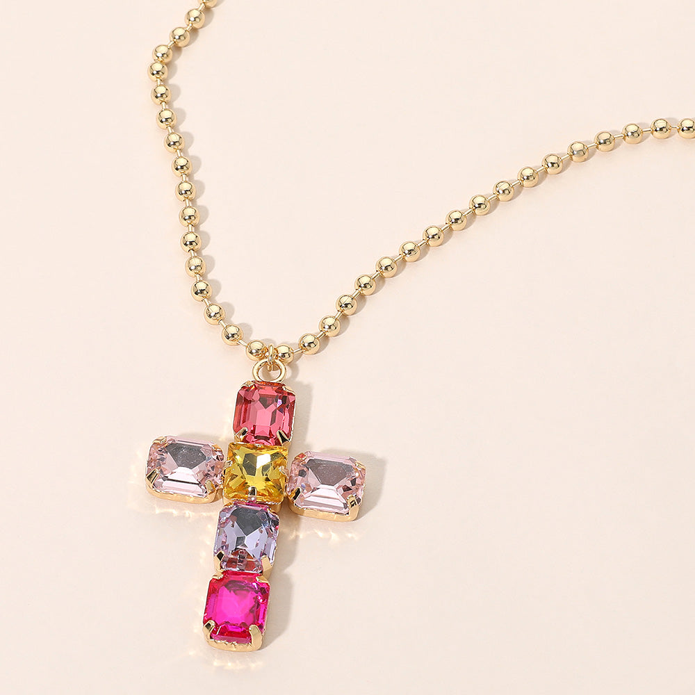 Madeline Love Multi, Pink Rectangular Gem Cross Pendant Beaded Chain Necklace