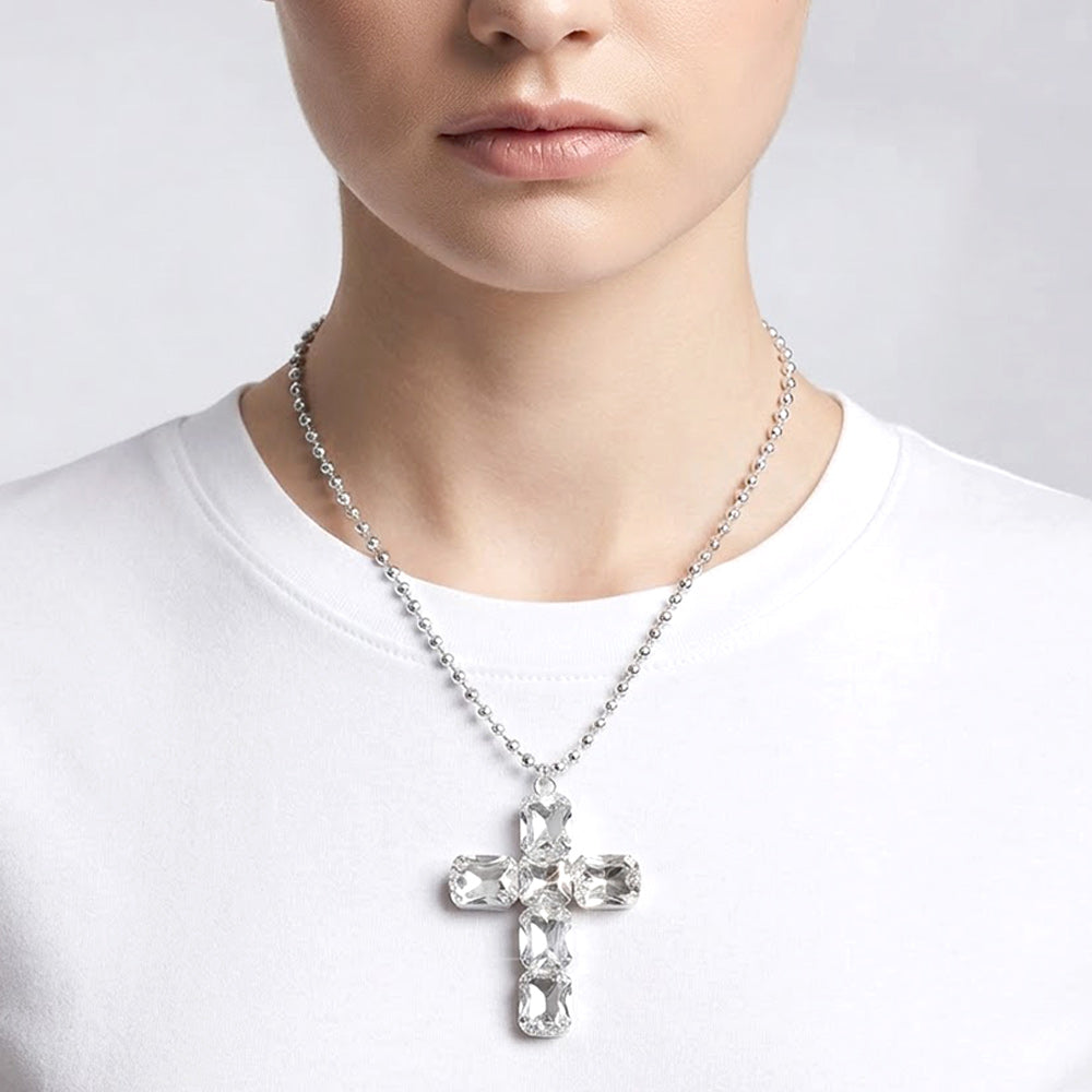 Madeline Love Clear, Silver Rectangular Gem Cross Pendant Beaded Chain Necklace