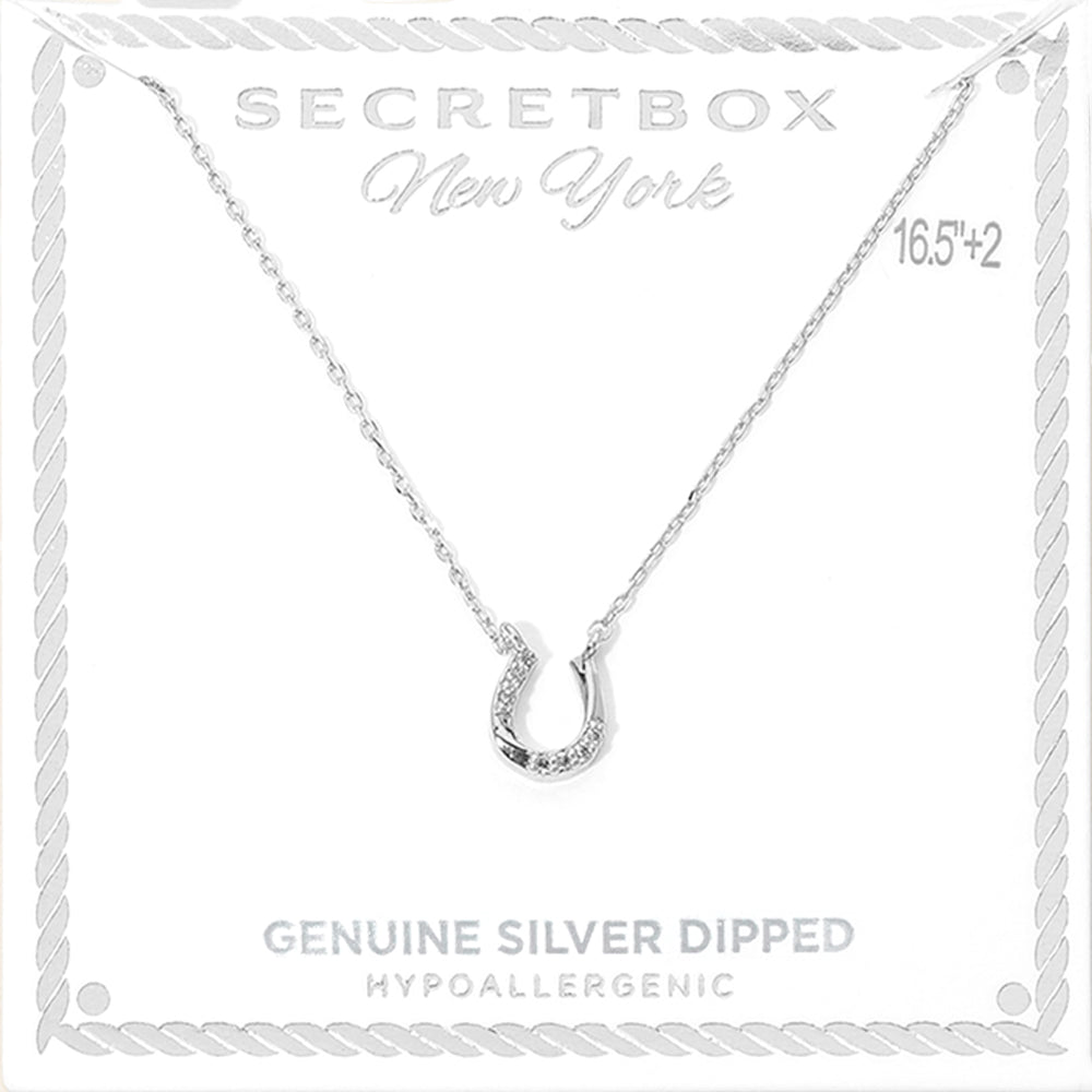 Madeline Love Silver SECRET BOX_Genuine Silver Dipped Hypoallergenic Stone Pave Horseshoe Pendant Necklace - Jewelry