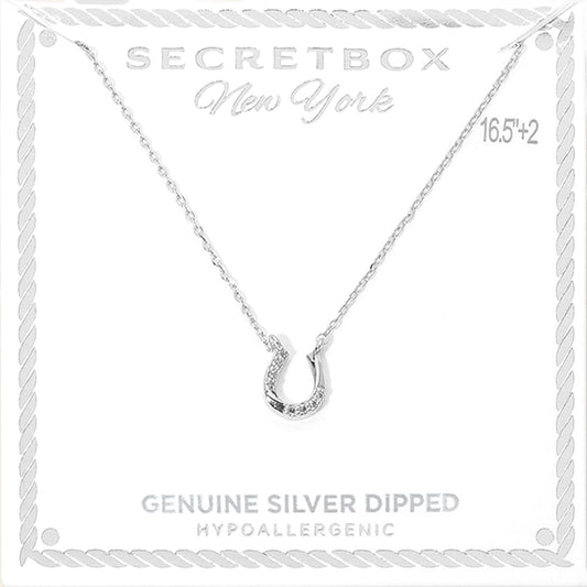 Madeline Love Silver SECRET BOX_Genuine Silver Dipped Hypoallergenic Stone Pave Horseshoe Pendant Necklace - Jewelry