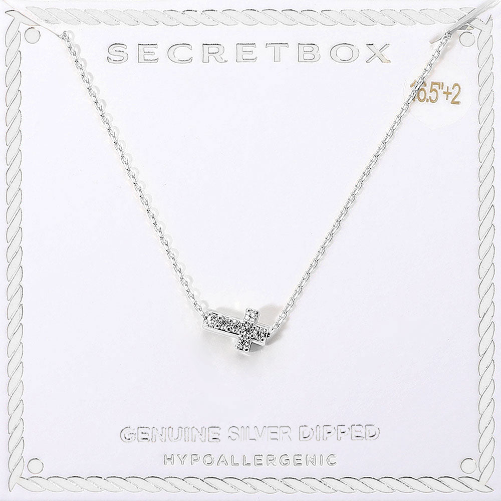 Madeline Love Silver SECRET BOX_Genuine Silver Dipped Hypoallergenic Stone Paved Cross Pendant Necklace - Jewelry