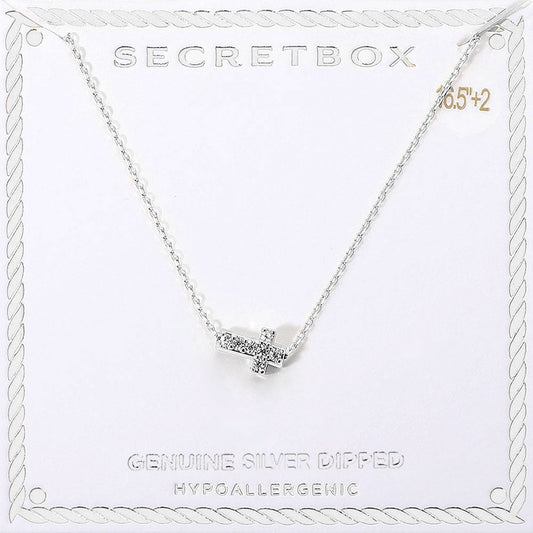 Madeline Love Silver SECRET BOX_Genuine Silver Dipped Hypoallergenic Stone Paved Cross Pendant Necklace - Jewelry