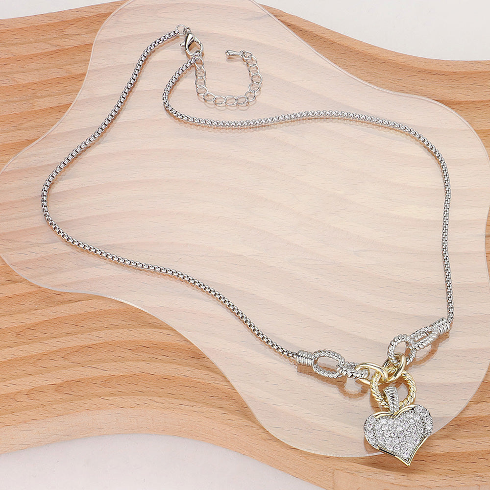 14K Gold Plated Two Tone CZ Stone Paved Heart Pendant Necklace - Two Tone - Necklaces