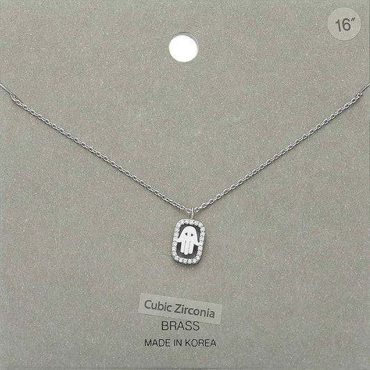 Madeline Love Clear, Rhodium CZ Embellished Brass Metal Hamsa Hand Pendant Necklace - Necklaces