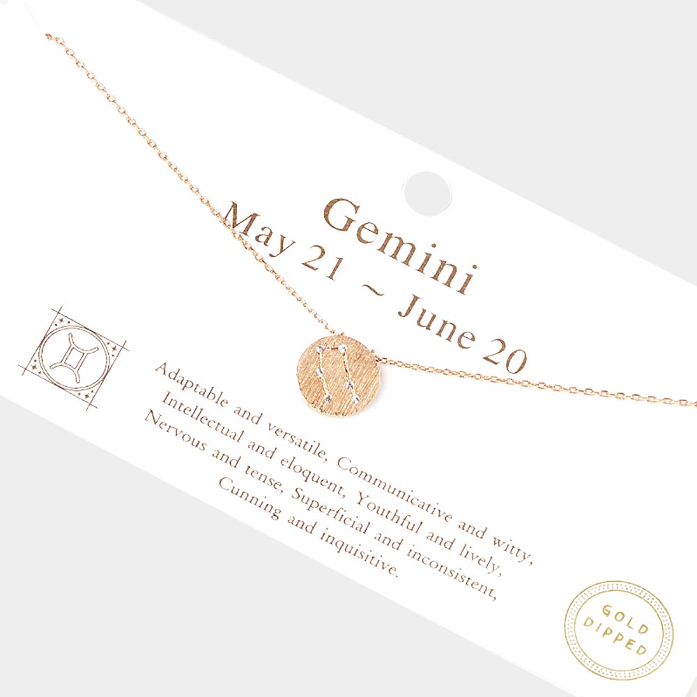 Madeline Love Rose Gold Gemini Gold Dipped CZ Zodiac Sign Metal Disc Pendant Necklace - Jewelry