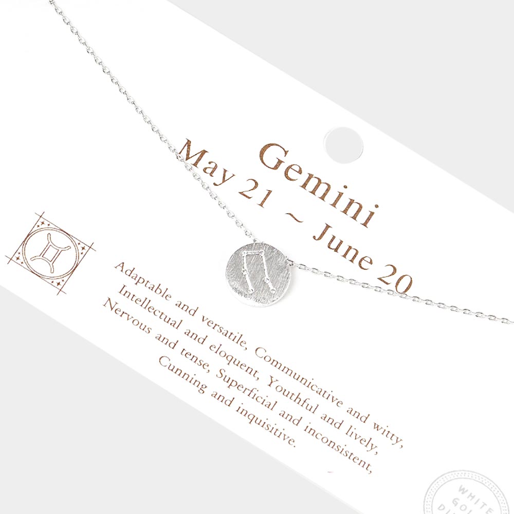 Madeline Love Rhodium Gemini White Gold Dipped CZ Zodiac Sign Metal Disc Pendant Necklace - Jewelry
