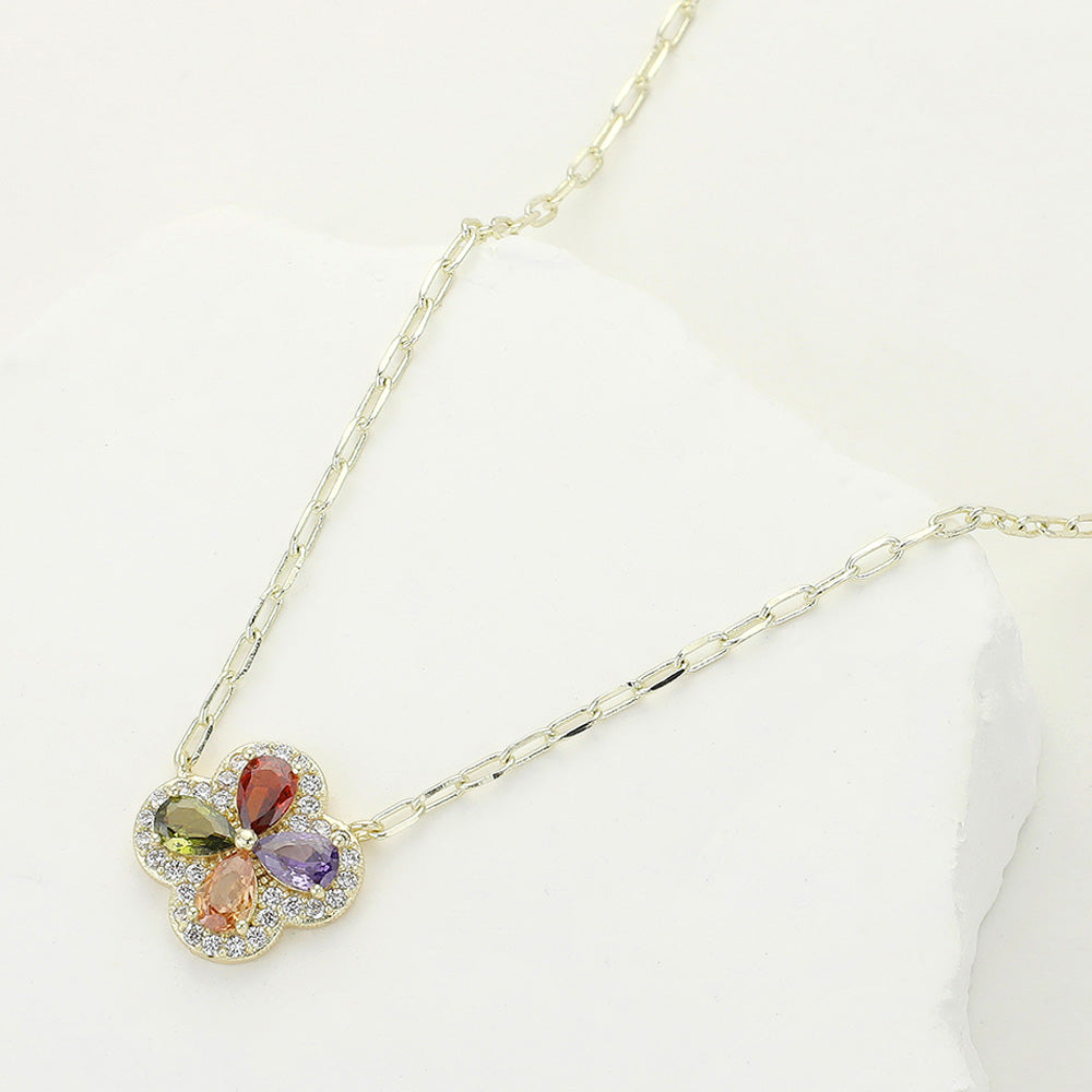 Madeline Love Gold, Multi 14K Gold Plated Colorful CZ Stone Embellished Quatrefoil Pendant Necklace