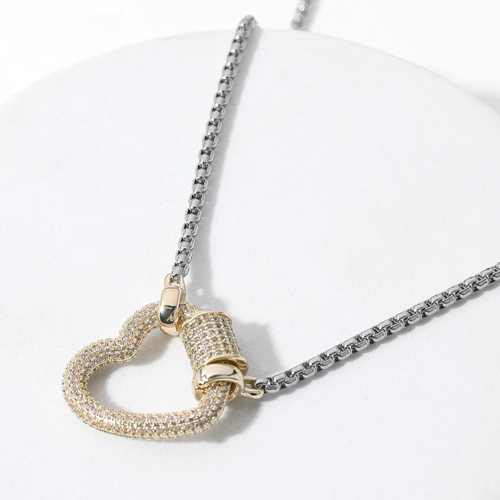 Madeline Love Two Tone 14K Gold Plated Two Tone CZ Stone Paved Heart Carabiner Pendant Necklace
