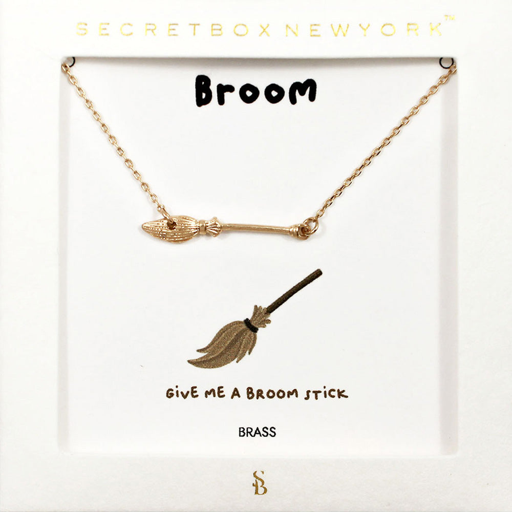 Madeline Love Worn Gold SECRET BOX_Brass Metal Broom Pendant Necklace - Necklaces
