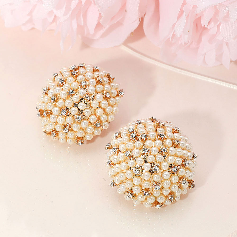 Madeline Love Cream, Gold Beaded Pearl Rhinestone Embellished Dome Earrings