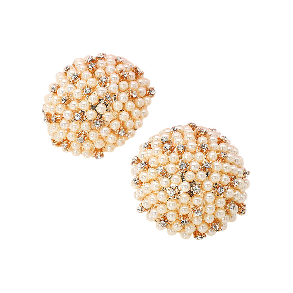 Madeline Love Cream, Gold Beaded Pearl Rhinestone Embellished Dome Earrings - desc