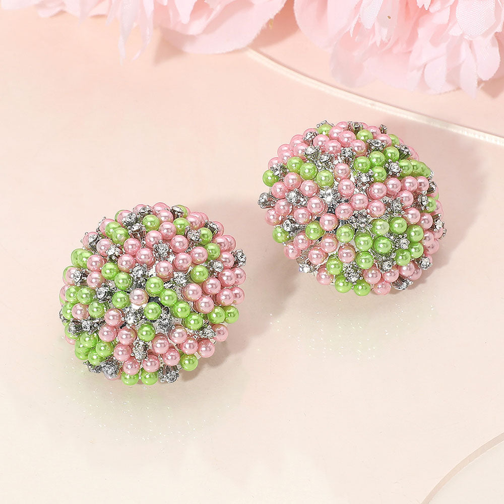 Madeline Love Pink&Green, Silver Beaded Pearl Rhinestone Embellished Dome Earrings