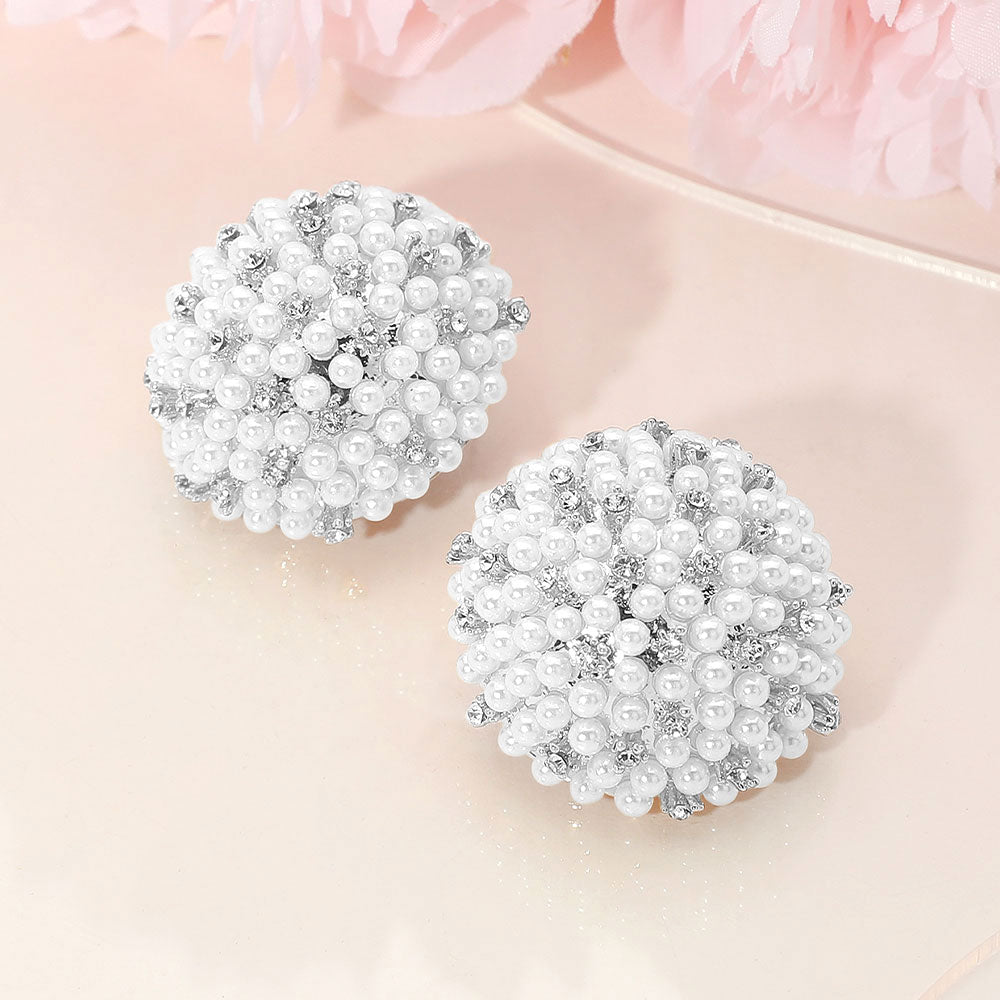 Madeline Love Silver, White Beaded Pearl Rhinestone Embellished Dome Earrings
