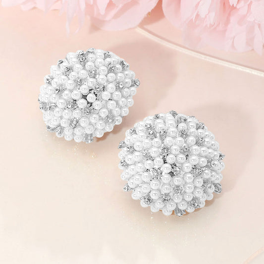 Madeline Love Silver, White Beaded Pearl Rhinestone Embellished Dome Earrings