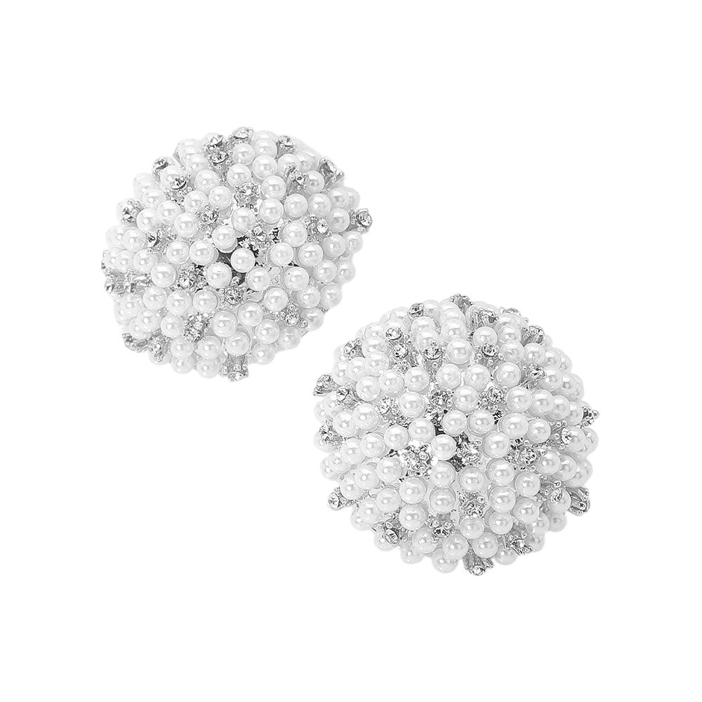 Madeline Love Silver, White Beaded Pearl Rhinestone Embellished Dome Earrings - desc