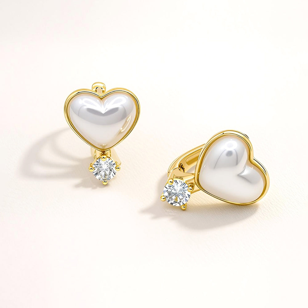 Madeline Love Gold, White 14K Gold Dipped CZ Accent Pearl Heart Huggie Hoop Earrings