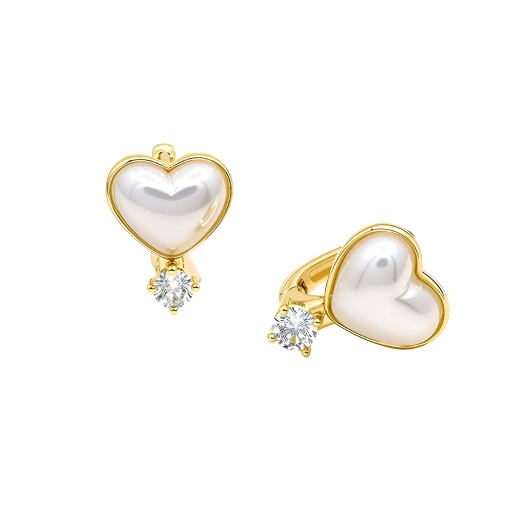 Madeline Love Gold, White 14K Gold Dipped CZ Accent Pearl Heart Huggie Hoop Earrings - desc