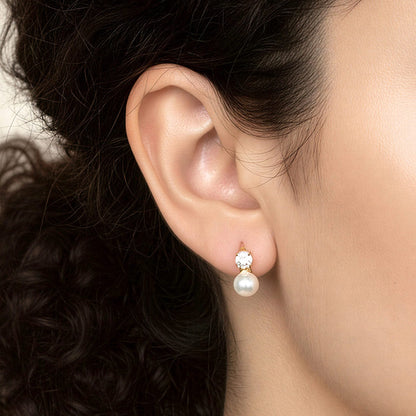 Madeline Love Gold, White 14K Gold Dipped CZ Classic Pearl Drop Huggie Hoop Earrings