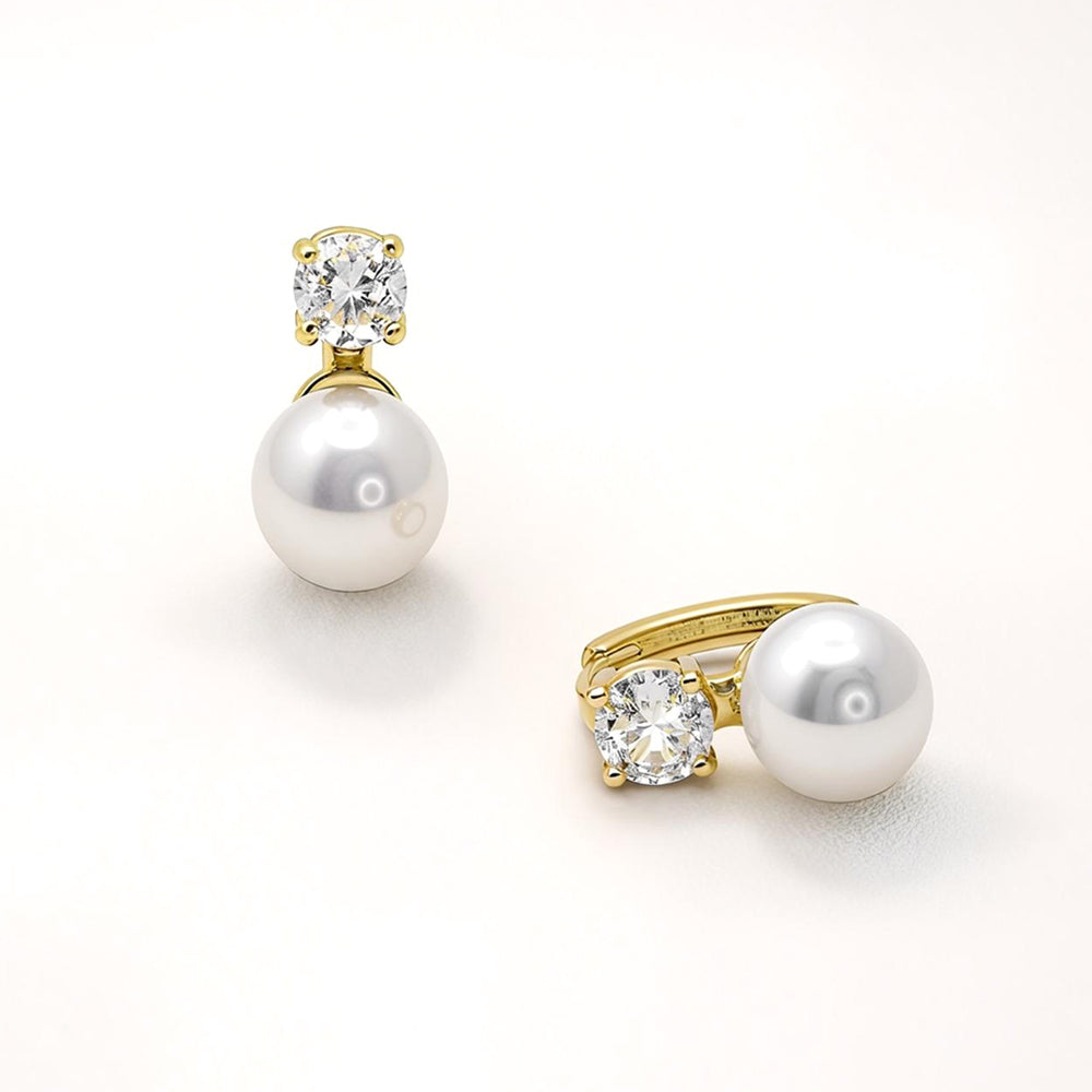 Madeline Love Gold, White 14K Gold Dipped CZ Classic Pearl Drop Huggie Hoop Earrings - desc