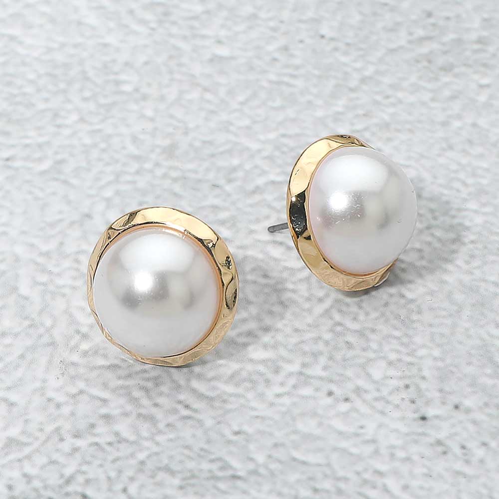 Madeline Love Gold Hammered Frame Pearl Stud Earring - Earrings