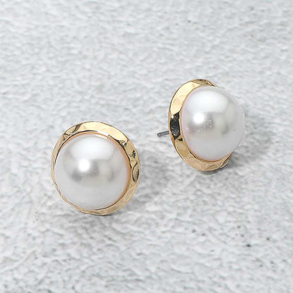 Madeline Love Gold Hammered Frame Pearl Stud Earring - Earrings