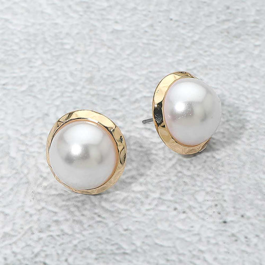 Madeline Love Gold Hammered Frame Pearl Stud Earring - Earrings