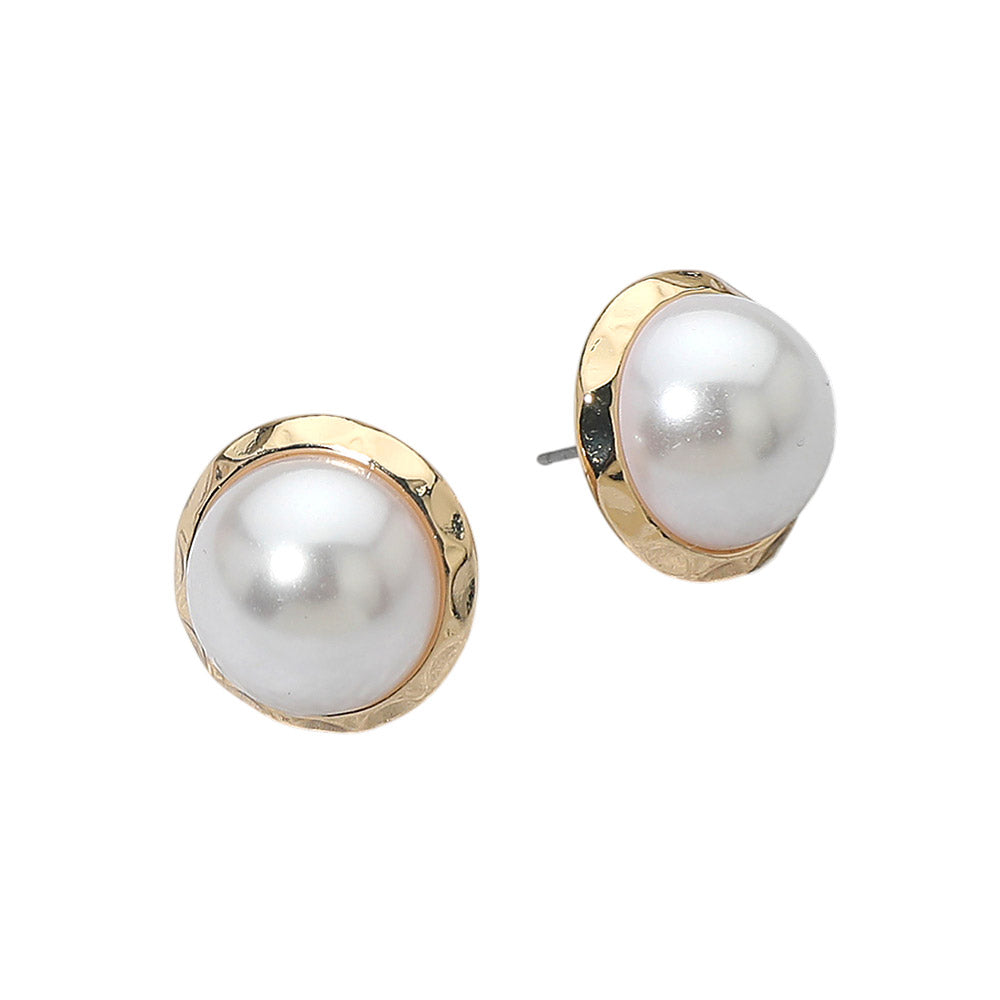 Madeline Love Gold Hammered Frame Pearl Stud Earring - Earrings - desc