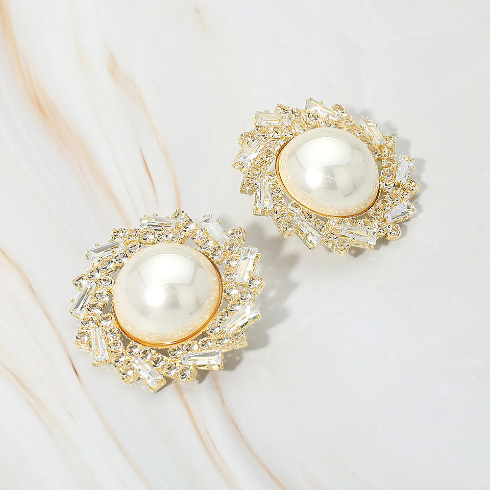Madeline Love Gold Pearl Accent Crystal Halo Sunburst Rim Earrings