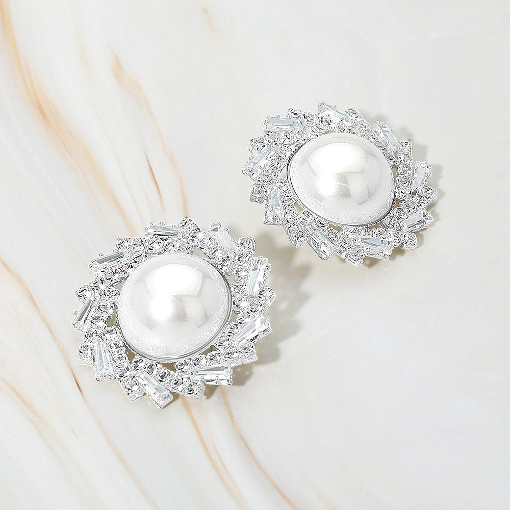 Madeline Love Rhodium Pearl Accent Crystal Halo Sunburst Rim Earrings