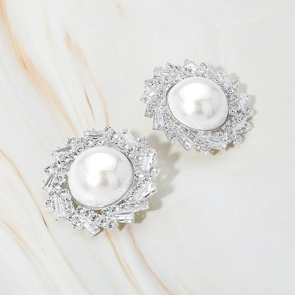Madeline Love Rhodium Pearl Accent Crystal Halo Sunburst Rim Earrings