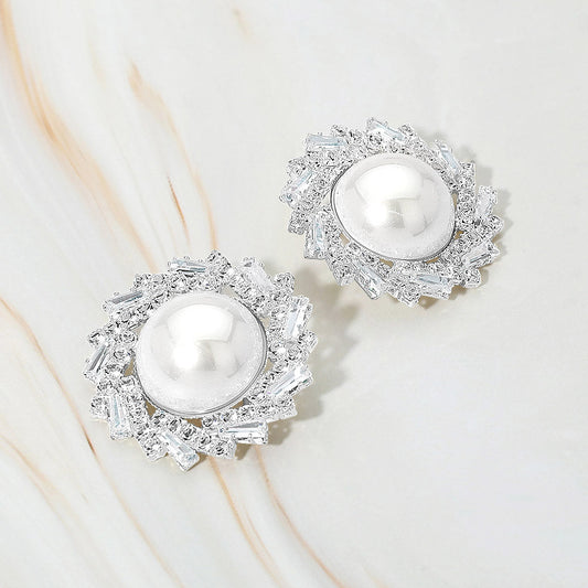 Madeline Love Rhodium Pearl Accent Crystal Halo Sunburst Rim Earrings