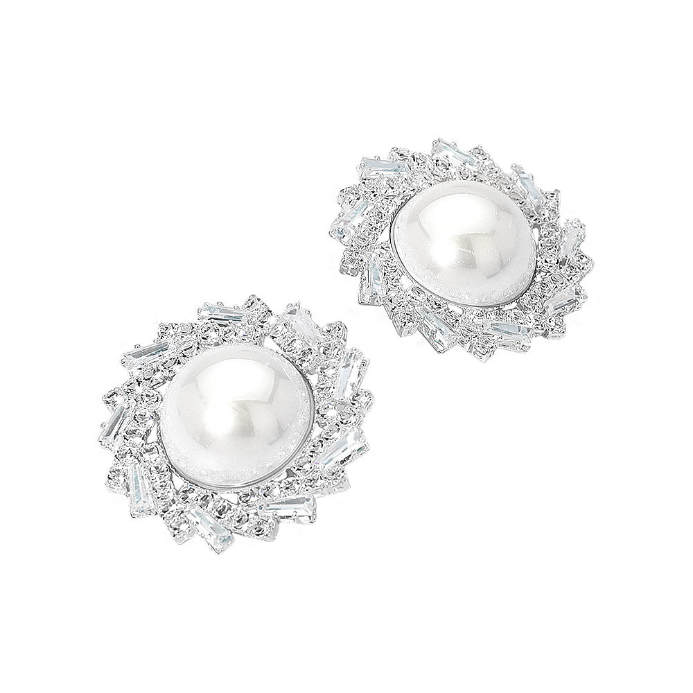 Madeline Love Rhodium Pearl Accent Crystal Halo Sunburst Rim Earrings - desc