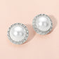 Madeline Love Rhodium, White Textured Frame Classic Pearl Stud Earrings