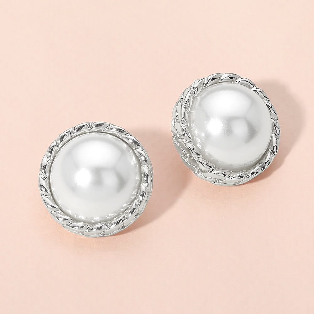 Madeline Love Rhodium, White Textured Frame Classic Pearl Stud Earrings