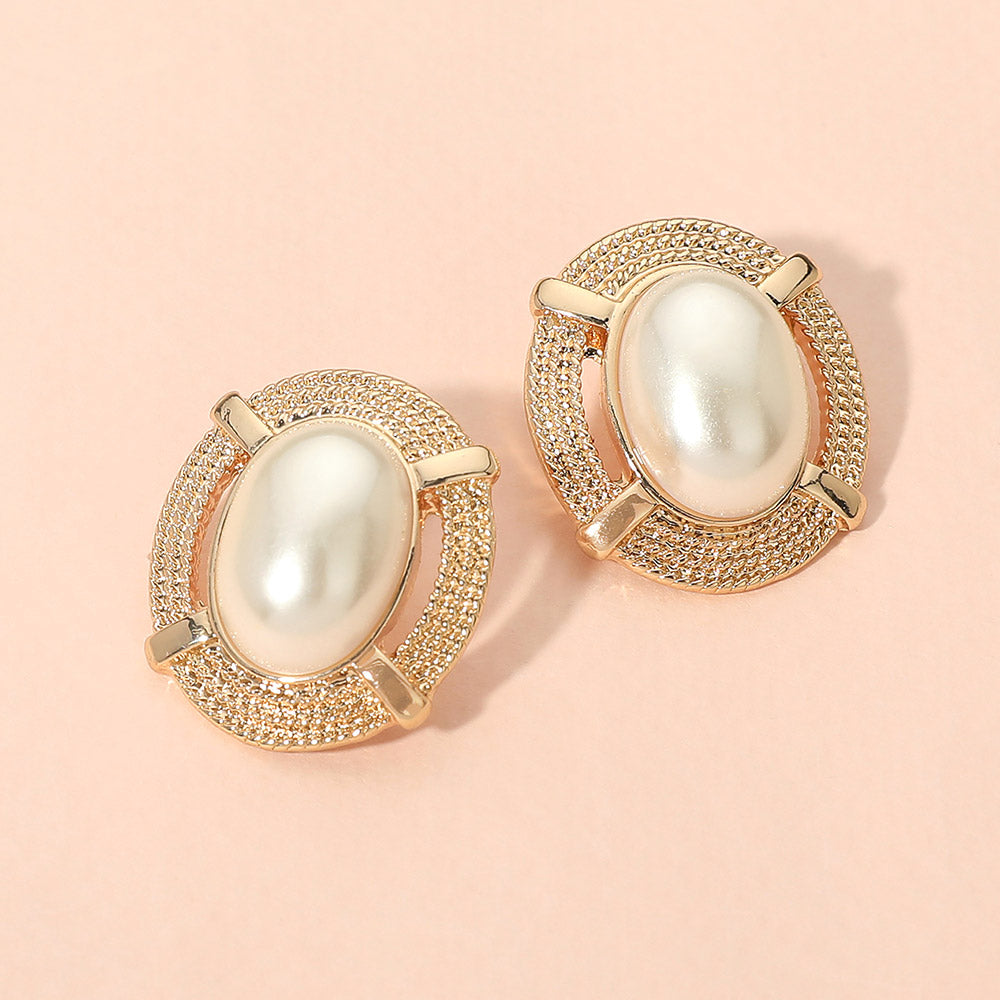 Madeline Love Cream, Gold Textured Frame Oval Pearl Stud Earrings