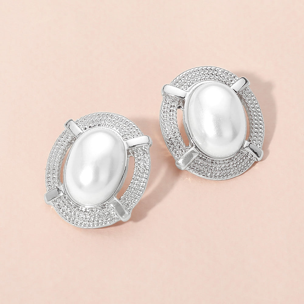 Madeline Love Rhodium, White Textured Frame Oval Pearl Stud Earrings