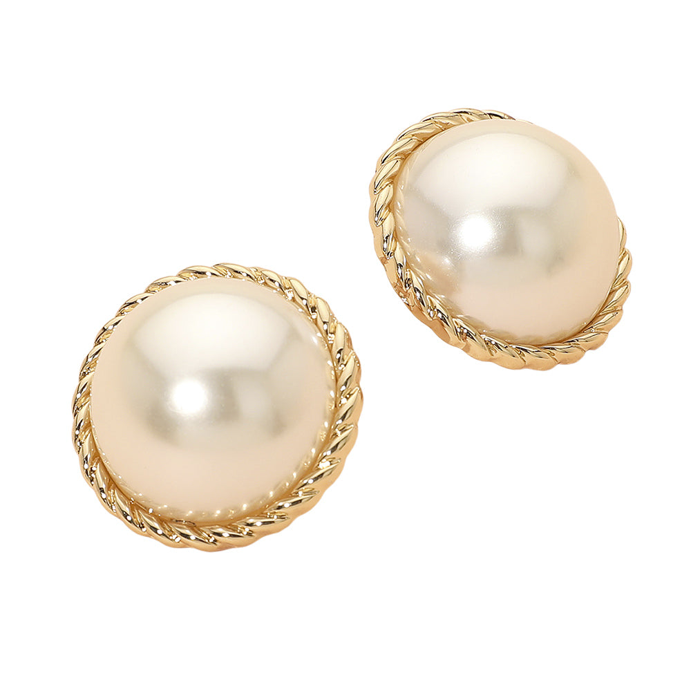 Madeline Love Cream, Gold Bold Classic Dome Pearl Earrings - desc