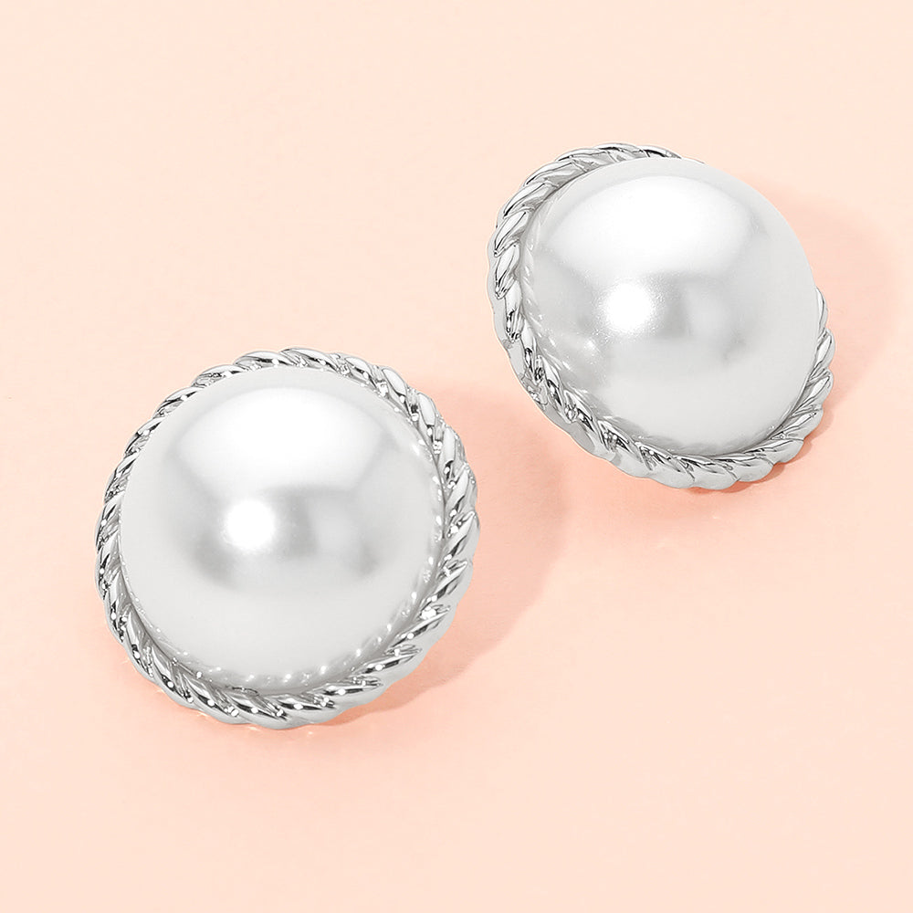 Madeline Love Rhodium, White Bold Classic Dome Pearl Earrings