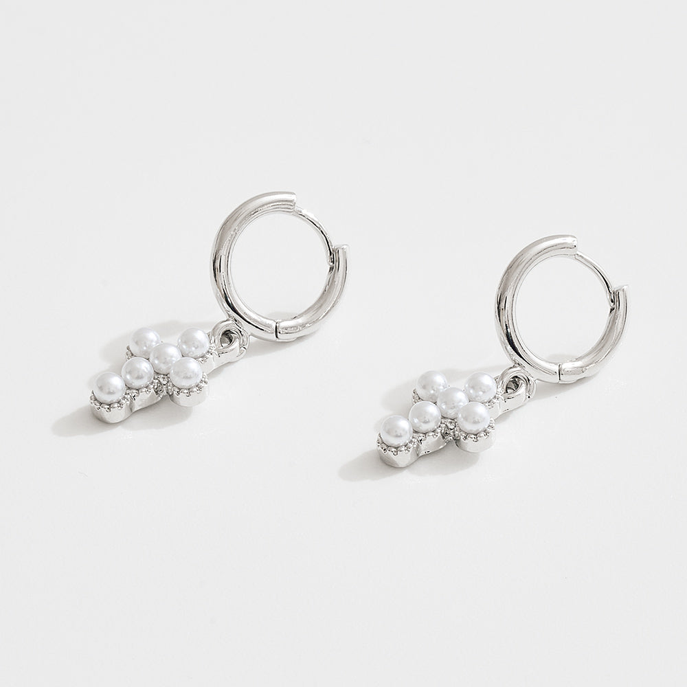 Madeline Love Silver, White Gold White Gold Dipped Center Pearl Cross Charm Drop Mini Huggie Hoop Earrings - desc
